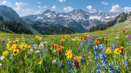 Fototapeta premium Colorful alpine flowers covering a mountain meadow with snow-capped peaks in the background