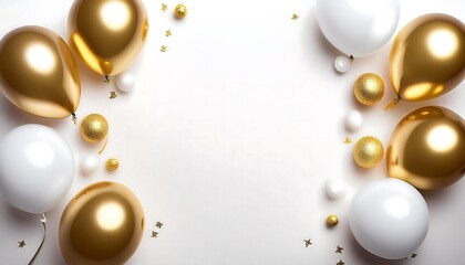 Balloon background where gold and white balloons are scattered on the edge of the photo background, the middle is empty for attaching text. Wallpapers.