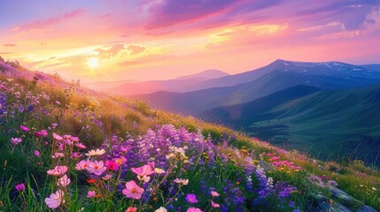 Fototapeta premium Colorful array of wildflowers cascading down a mountain slope at sunset
