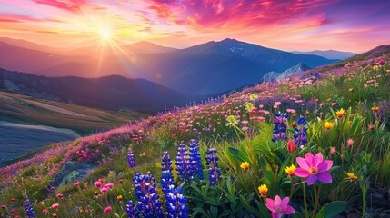 Obraz premium Colorful array of wildflowers cascading down a mountain slope at sunset
