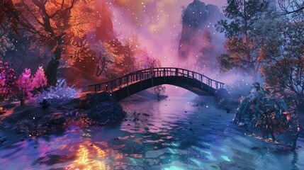 Enchanted bridge over a sparkling, rainbow-colored river in a mystical land