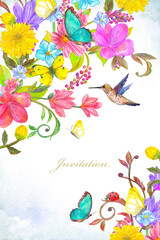 watercolor vertical banner with blooming corners of colorful flowers. invitation card with floral arrangement, butterflies, ladybug and hummingbird