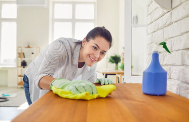 Happy housewife cleaning up at home. Young woman in rubber gloves holding a dry rag, smiling and...
