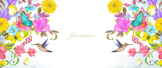 watercolor horizontal banner with blooming borders of colorful flowers. invitation card with floral arrangement, butterflies and hummingbird