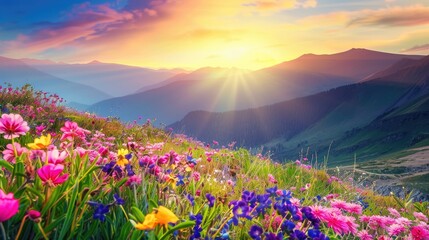 Obraz premium Heavenly mountain scene with flowers of every color creating a natural tapestry
