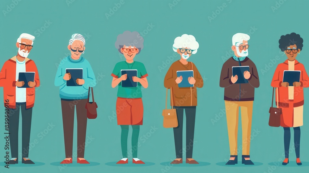 Aufkleber A diverse group of elderly individuals stands together, using tablets and showing expressions of concentration and engagement. Generative AI