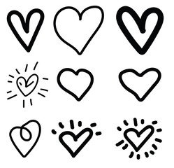 Collection of black heart icons,Hand drawn black symbols. Vector illustration icon set.