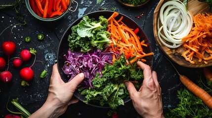 Fresh healthy salad being prepared, meal cooking healthy colorful morning vegetables eating