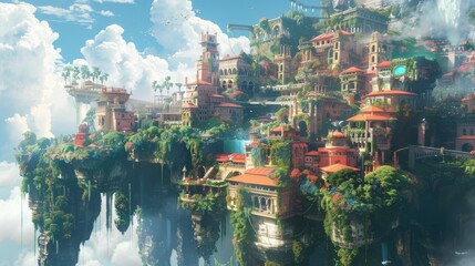 Fototapeta premium Mystical, floating city with colorful architecture and hanging gardens