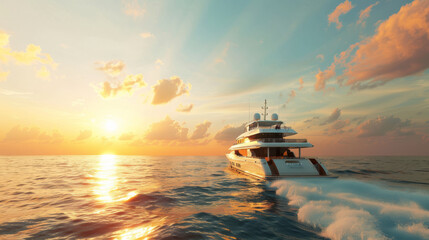 A large yacht cuts through the calm ocean waters, its wake illuminated by the setting sun, under a vivid and colorful evening sky.