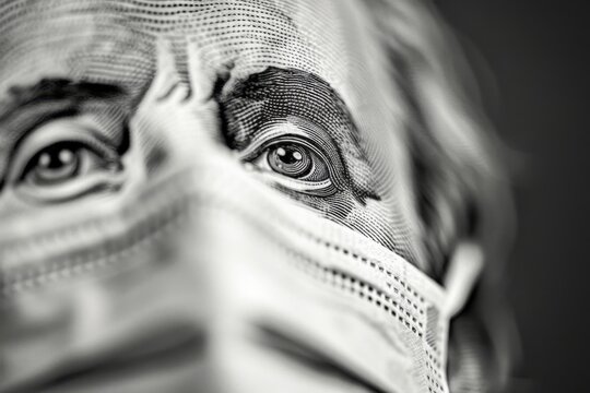 Close-up of a face on currency wearing a protective mask, symbolizing economic challenges during pandemics. Black and white image with a focus on eyes. Conceptual art piece. Generative AI
