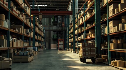 Industrial Warehouse Interior with Forklift and Pallets of Boxes