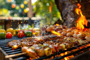 a barbecue grill with sizzling food