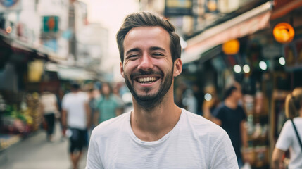 Fototapeta premium A man wearing a white shirt laughs heartily while standing in a bustling market street, surrounded by people and colorful market stalls.