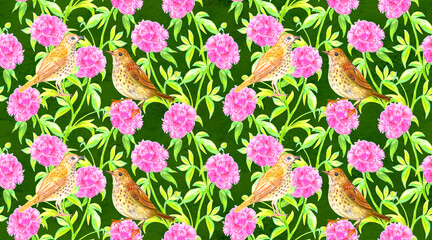 watercolor seamless texture with peony flowers and birds on green background