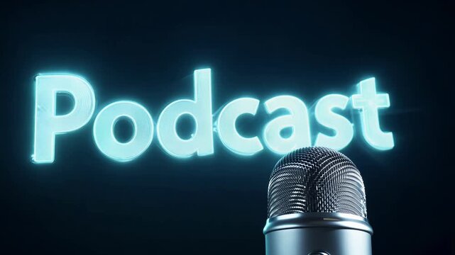 A microphone is on a microphone stand in front of a large word that says podcast. The word is in neon colors and is glowing