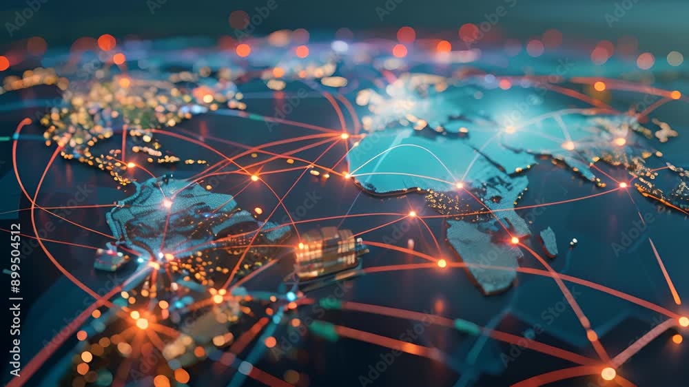 Poster A globe with many lines and dots on it, representing the world's network of communication. Concept of a globalized world, where people are connected through technology and communication
