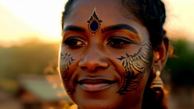 A woman with blue eyes and a blue jeweled headband. She has a tattoo on her face