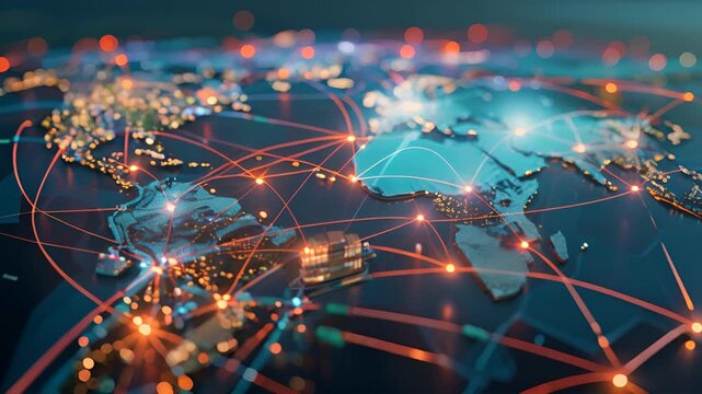 A globe with many lines and dots on it, representing the world's network of communication. Concept of a globalized world, where people are connected through technology and communication