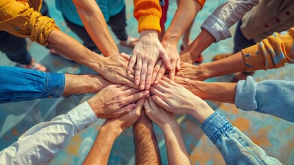 Obraz premium A group of people place their hands in the center of the circle, one on top of the other. This is a gesture of cooperation or unity. 