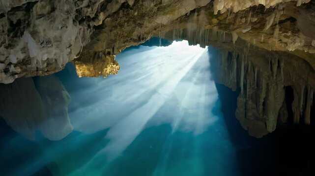 A cave with a blue light shining through it