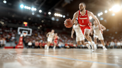 Fototapeta premium Basketball player dribbling in intense game action