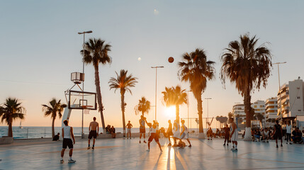 Obraz premium Sunset Basketball Game on Coastal Promenade
