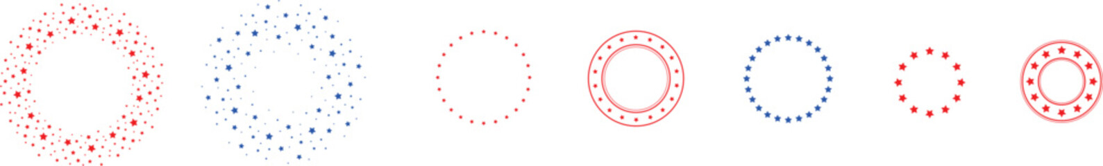 Star circle. Round frames adorned with stars for badges, emblems, and seals. Circular rating icons featuring a favorite five-pointed silhouette star, award vector sign set.