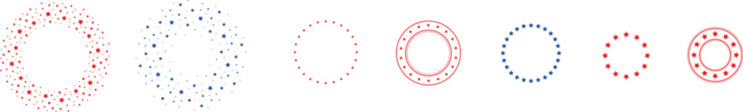Star circle. Round frames adorned with stars for badges, emblems, and seals. Circular rating icons featuring a favorite five-pointed silhouette star, award vector sign set.