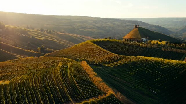 A beautiful landscape with a large hill and a small building on top. The hill is covered in vineyards and the view is breathtaking