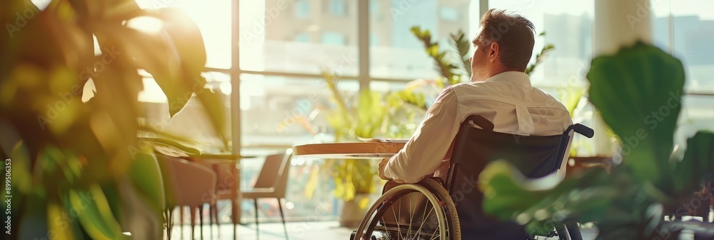 Aufkleber Man in wheelchair at a table surrounded by greenery in a bright and airy workspace. Promoting accessibility and natural work environments.