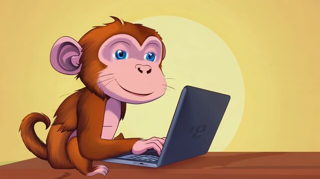 A monkey is sitting on a laptop and smiling. Concept of playfulness and curiosity, as the monkey appears to be engaged in using the laptop. The scene could be interpreted as a lighthearted moment