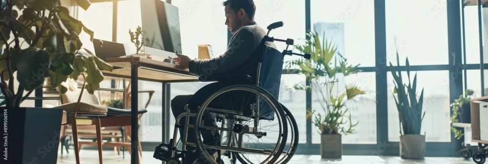 Aufkleber Man in a wheelchair working on a computer in a bright office with green plants. Emphasizing accessibility and eco-friendly work environments.