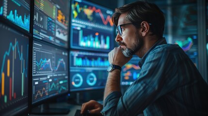 Focused analyst reviewing financial data on multiple screens, analyzing market trends and performance metrics in a modern workspace.