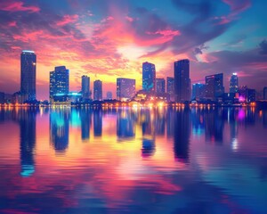 Fototapeta premium Stunning skyline reflection at sunset, showcasing vibrant colors, modern architecture, and serene waters in a tranquil urban landscape.