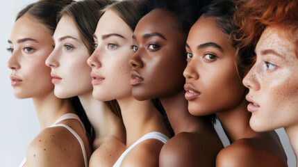 Obraz premium A group of diverse women lined up, facing sideways, showcasing a spectrum of beauty and individuality.