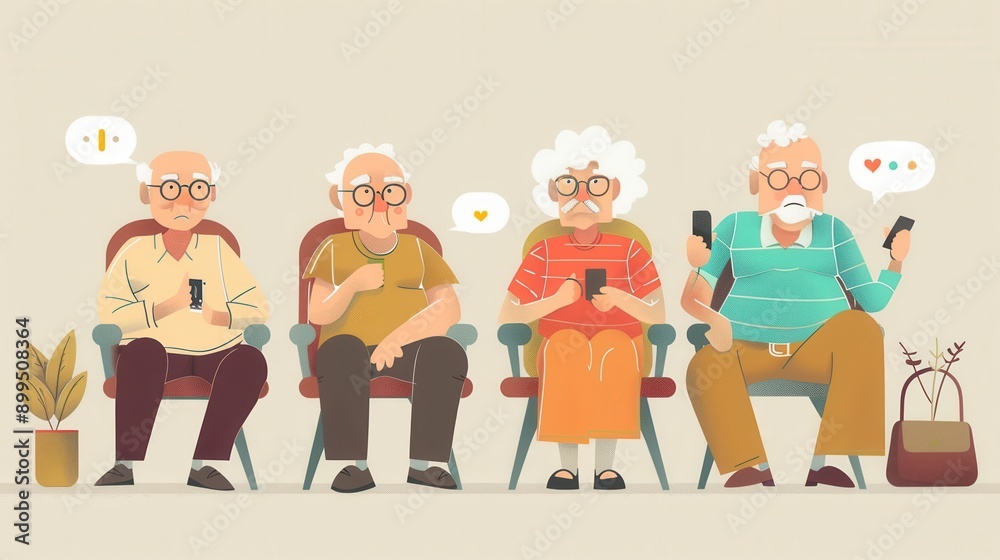 Aufkleber four elderly individuals are seated in chairs, using mobile devices while enjoying each other’s comp