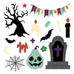 Halloween. Set of decorative festive elements in a flat style. Illustration of a pumpkin, tree, garland and gravestone.