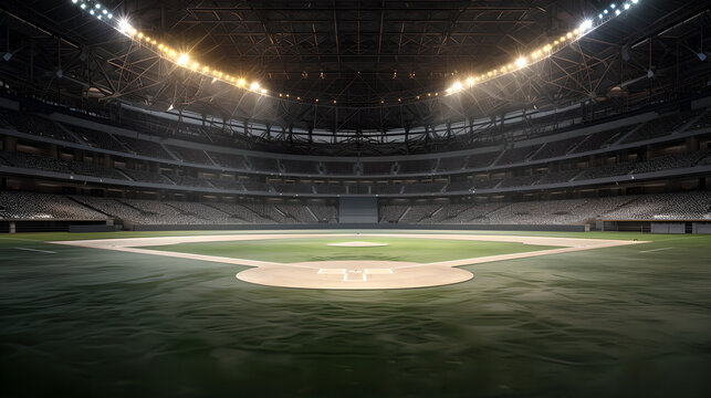 Illuminated Baseball Stadium with Empty Field at Night