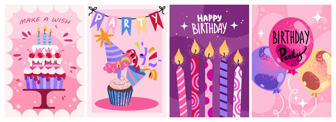 Happy Birthday greeting card and invitation templates with retro elements. Vector illustration