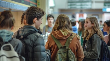 Obraz premium Groups of male and female high school students line up in an orderly fashion to receive their lunch at the school cafeteria.