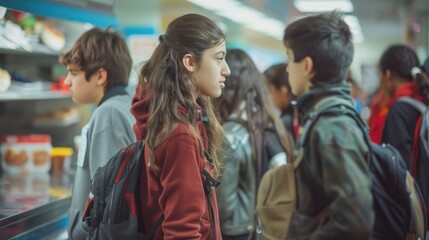 Groups of male and female high school students line up in an orderly fashion to receive their lunch at the school cafeteria.