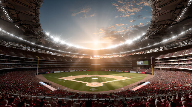 Majestic Baseball Stadium at Sunset with Packed Crowd