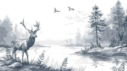 Hand-drawn sketch of forest wildlife with deer, birds, Background Image, Background For Banner 