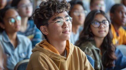Asian male high school student presenting his ideas and work in class to his classmates and teacher in the classroom.