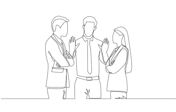 Continuous one-line drawing of businessman trying to stop argument between colleagues, office controversy concept, single line art.