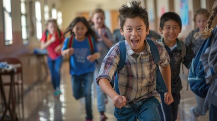 Obraz premium A group of elementary school students running happily and enthusiastically along the school corridor.