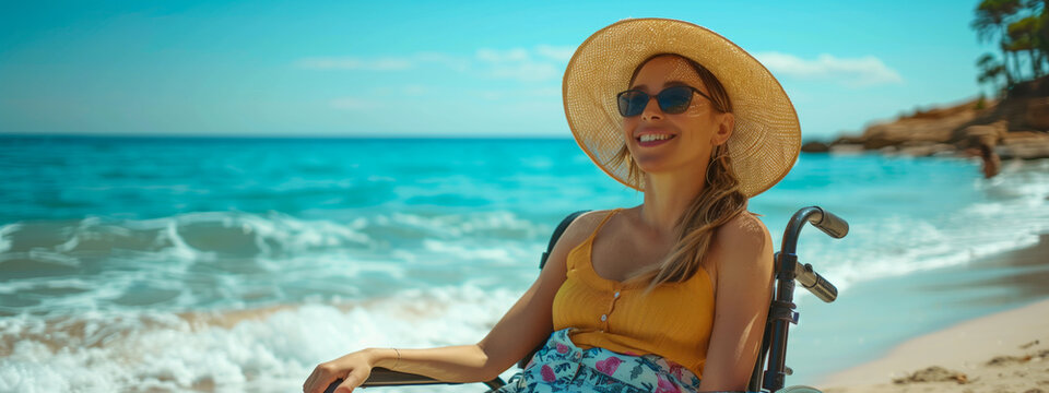 Smiling woman in a wheelchair enjoying the beach in a summer hat with clear blue sky. Suitable for promoting accessibility, travel, and inclusive vacation experiences. - Powered by Adobe
