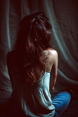 Fototapeta premium Depression Awareness Month. Mental Health Disorder. A woman sitting in front of a curtained window. Back view. Stressed Woman. Vertical banner. Copy space. Mental health concept