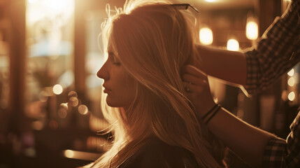 Fototapeta premium A woman with long blond hair enjoys a serene moment at the salon, bathed in warm golden light, as a stylist delicately works on her hair.